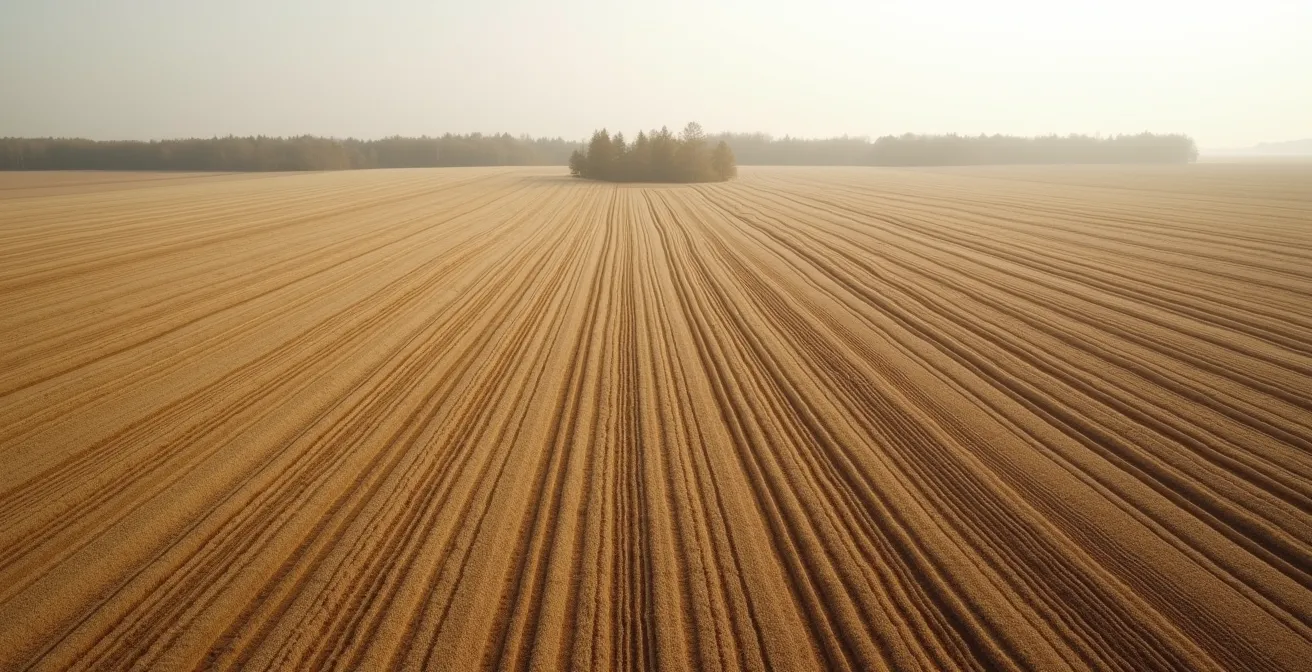 Vue aérienne minimaliste d'un champ après fissuration montrant les lignes de travail
