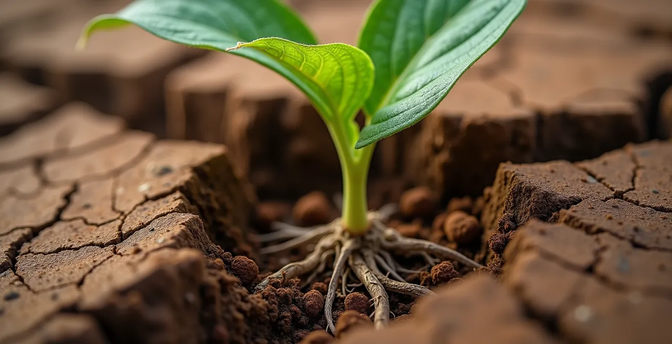 Vue macro de racines pénétrant dans les fissures créées dans le sol