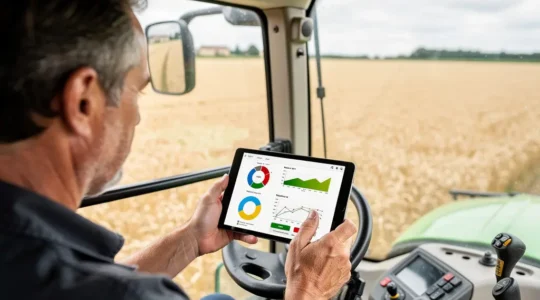 Agriculteur français consultant une tablette de gestion parcellaire en cabine de tracteur