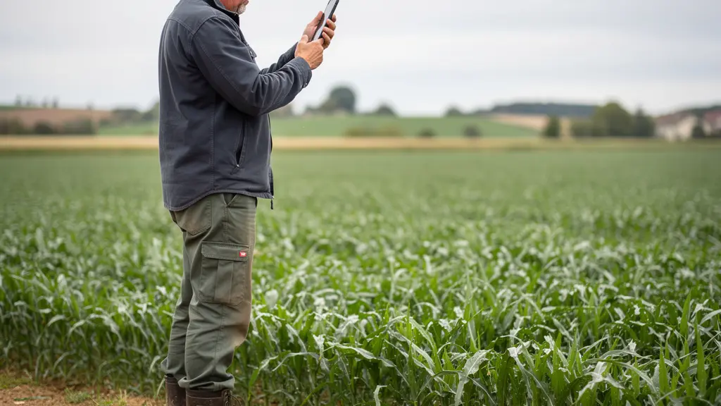 Agriculteur utilisant une application mobile de traçabilité des cultures en bordure de parcelle