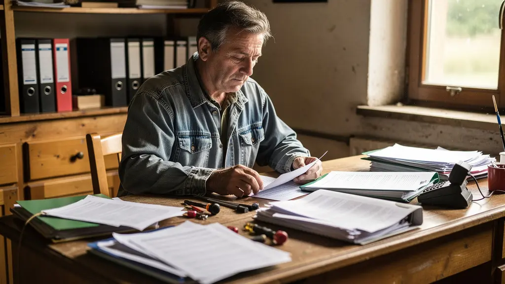 Bureau d'exploitation agricole avec documents administratifs en désordre